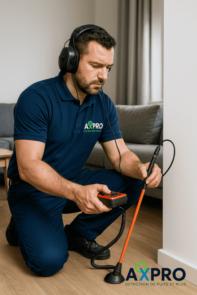 Technicien AXPRO en détection acoustique de fuite d’eau avec casque et appareil de mesure