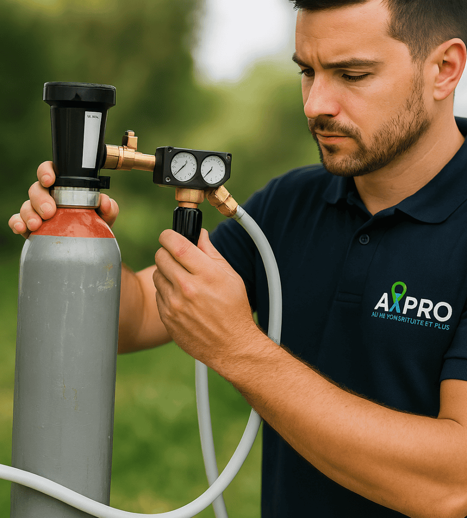 Technicien AXPRO effectuant une gaz traceur détection de fuite sur installation extérieure